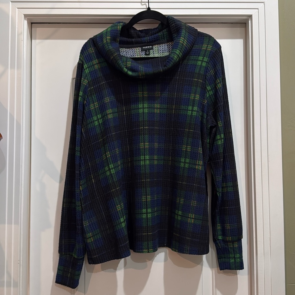 Torrid Waffle Knit Cowl Neck Plaid Long Sleeve Top